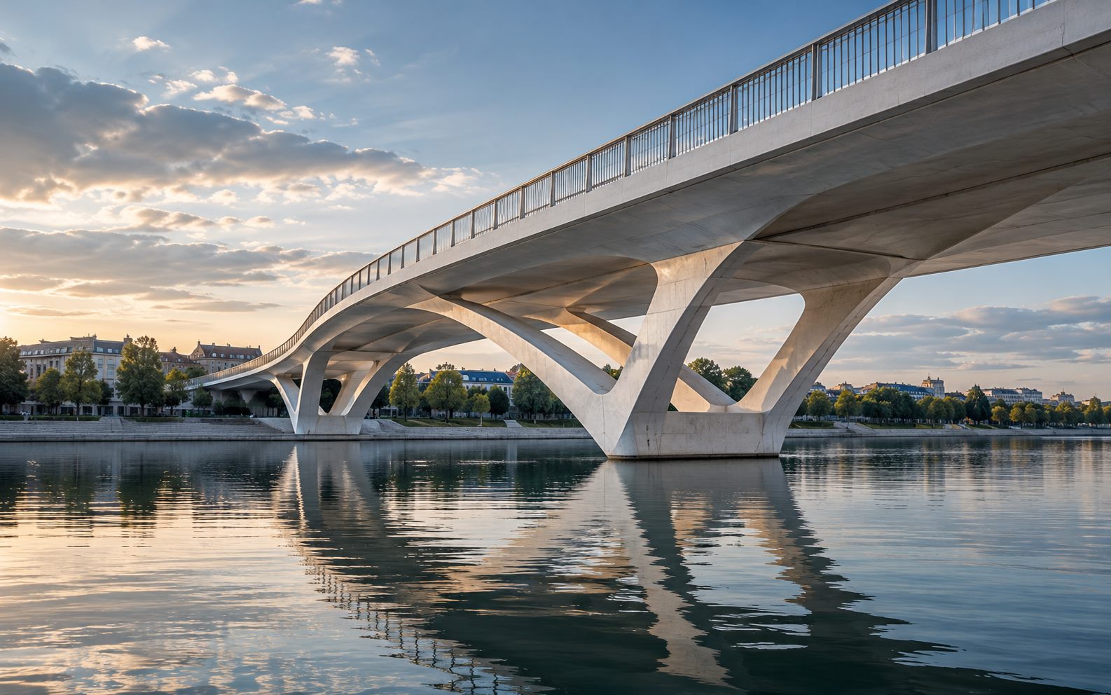 Imagine ilustrativă: pod modern din beton, cu structură geometrică peste apă